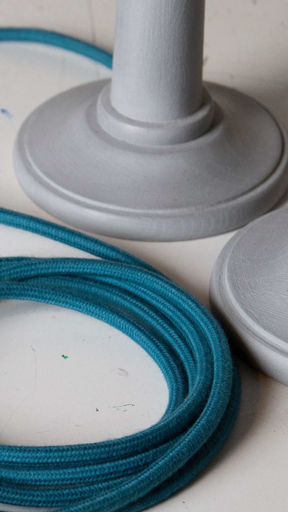 Two_Blue_Candlestick_lamps_with teal lamp holder & cotton covered cable