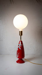 vintage crown devon ceramic table lamp with white porcelain globe bulb on a white industrial backgrounding 