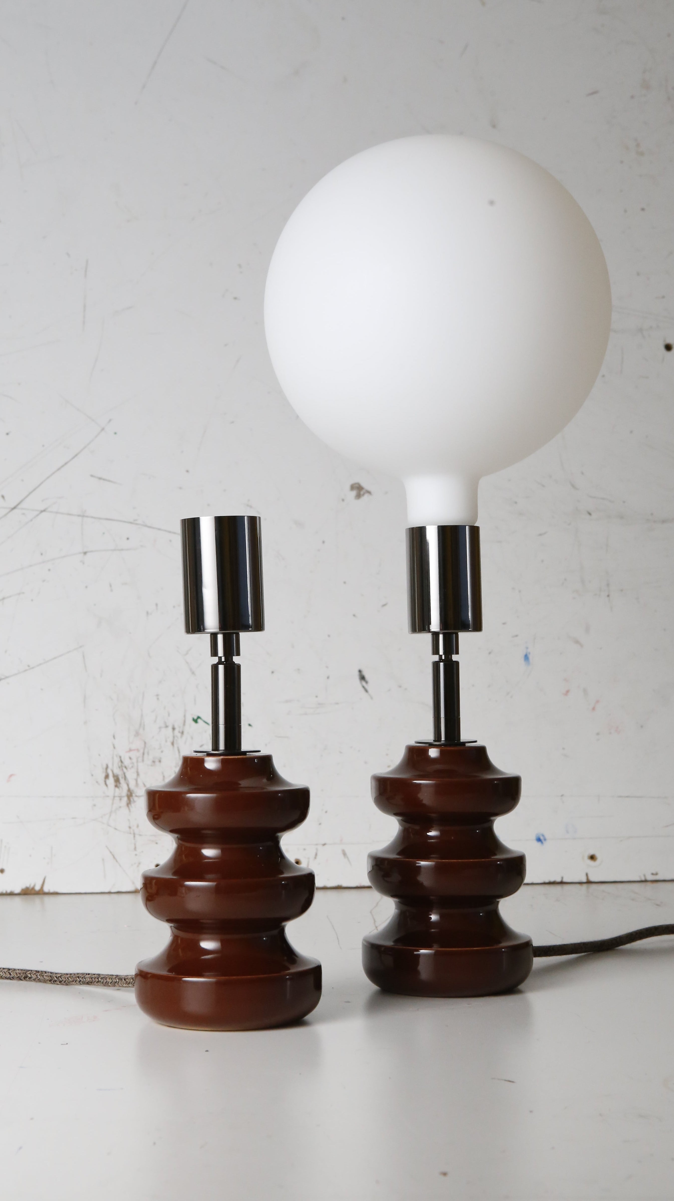 sheerlite 1960s table lamps in dark chocolate with gloss black lamp holder and cotton cable