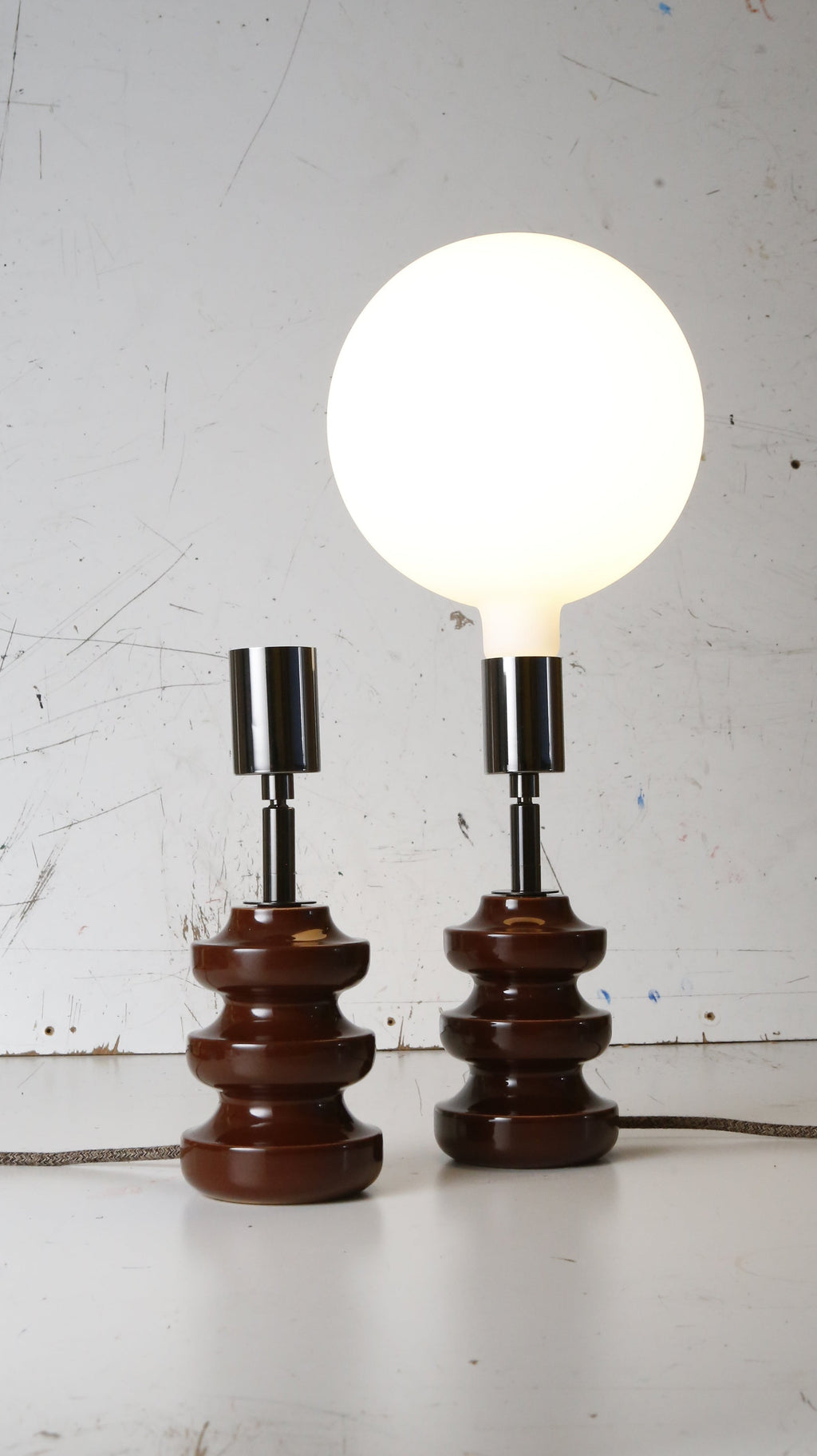 sheerlite 1960s table lamps in dark chocolate with gloss black lamp holder and cotton cable with large porcelain bulb