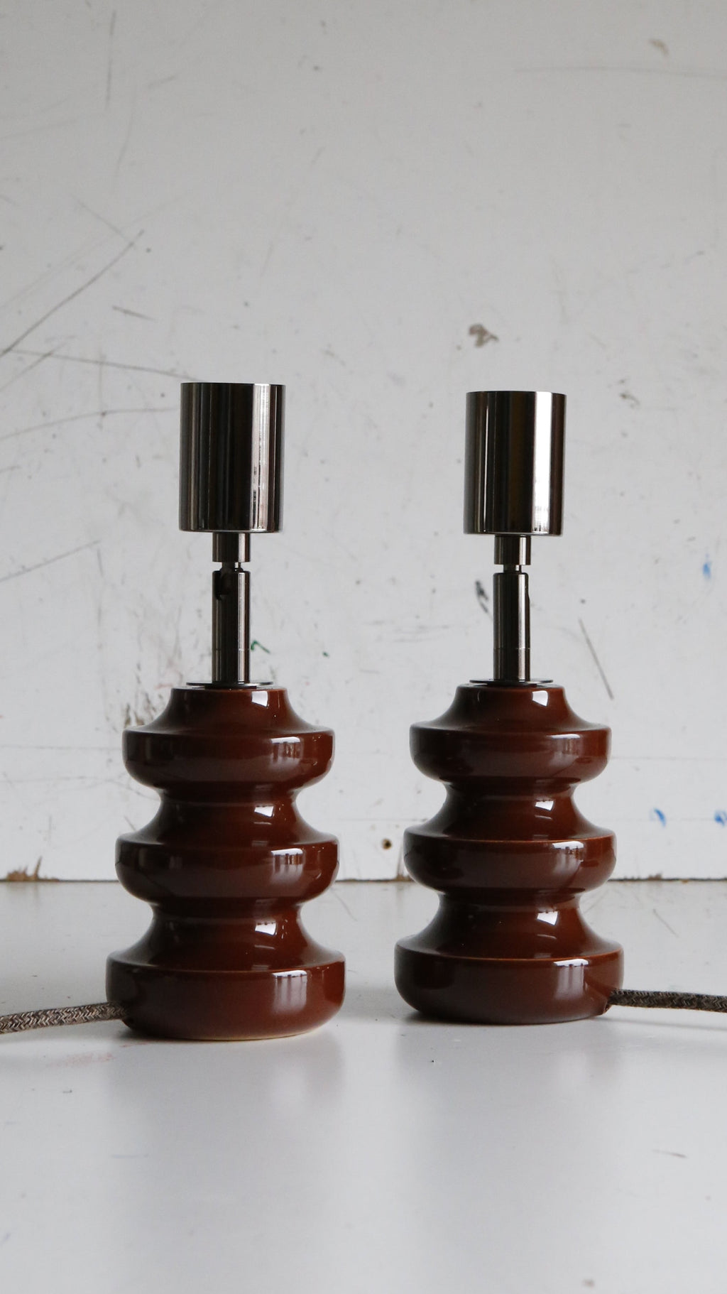 Vintage reimagined Doulton table lamps with back gloss lamp holder & unique column extension that bends 90 degrees.