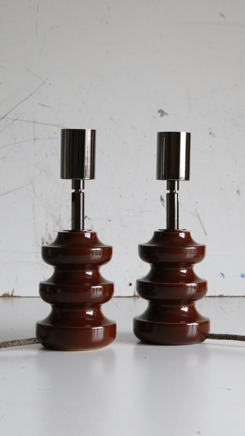 Vintage reimagined Doulton table lamps with back gloss lamp holder & unique column extension that bends 90 degrees.