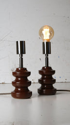 vintage dark brown original table lamps, with small led squirrel cage, that have been reworked, brining them into the 21st century. Originally from the 1960's