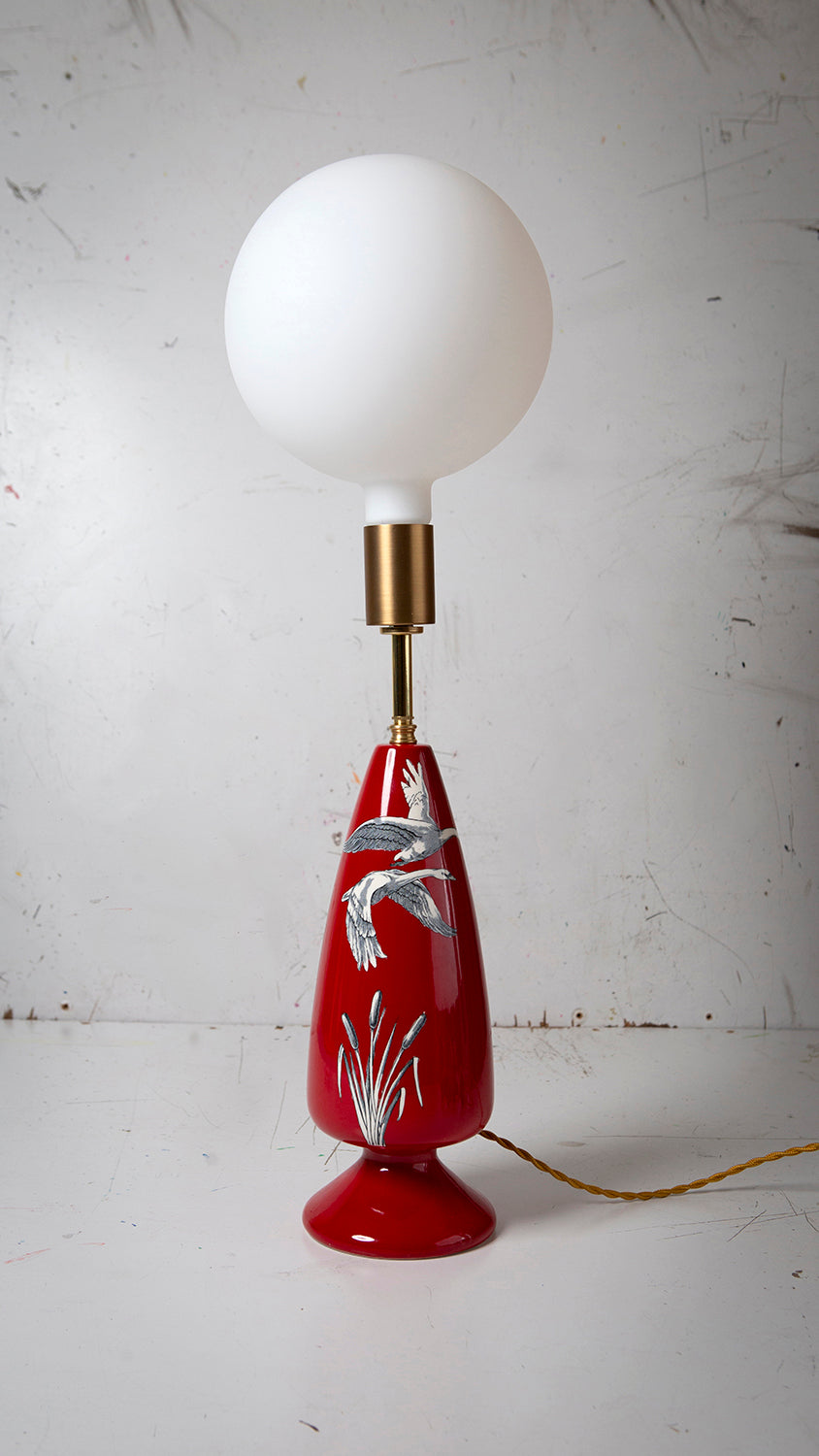 crown devon ceramic table lamp with white porcelain globe bulb on a white industrial backgrounding 