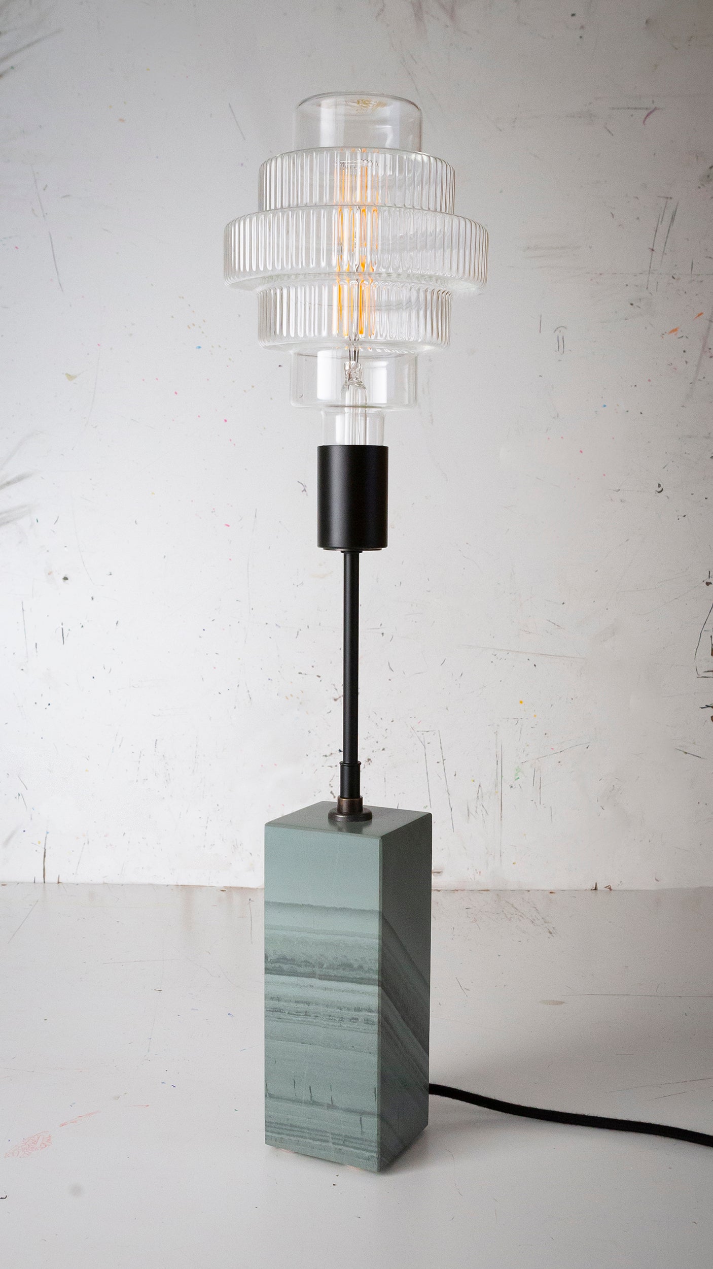Gorgeously heavy solid slate / stone base reimagined with a 6 inch extension and matt black lamp holder & black cotton cable