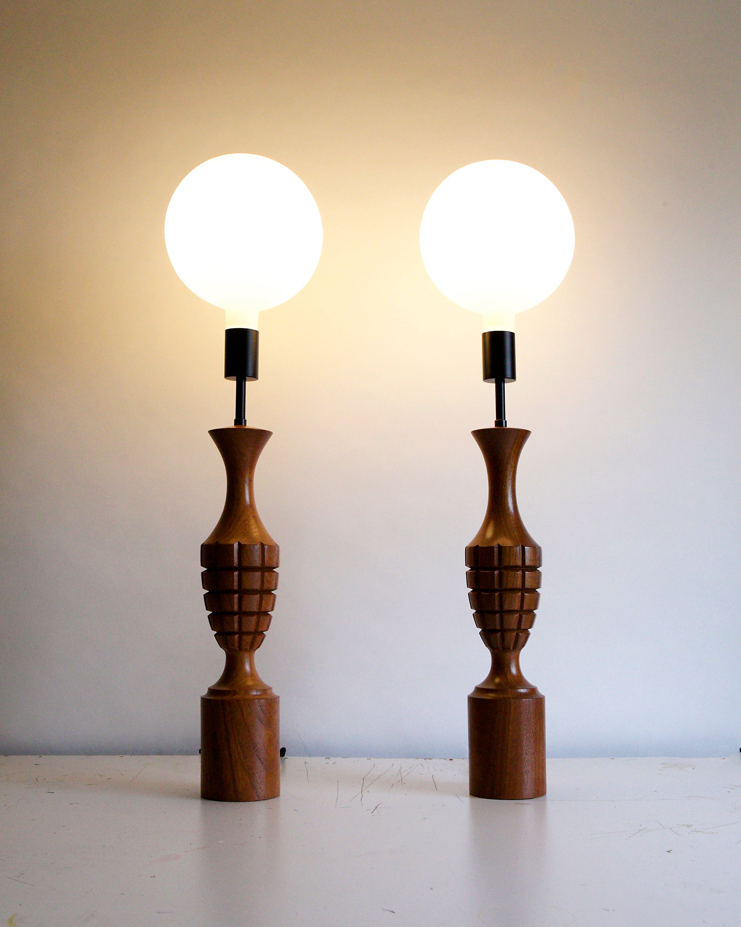Pair of ORIGINAL Mid Century 1960s Turned Wood Table Lamps - Restored | Reimagined Lighting UK