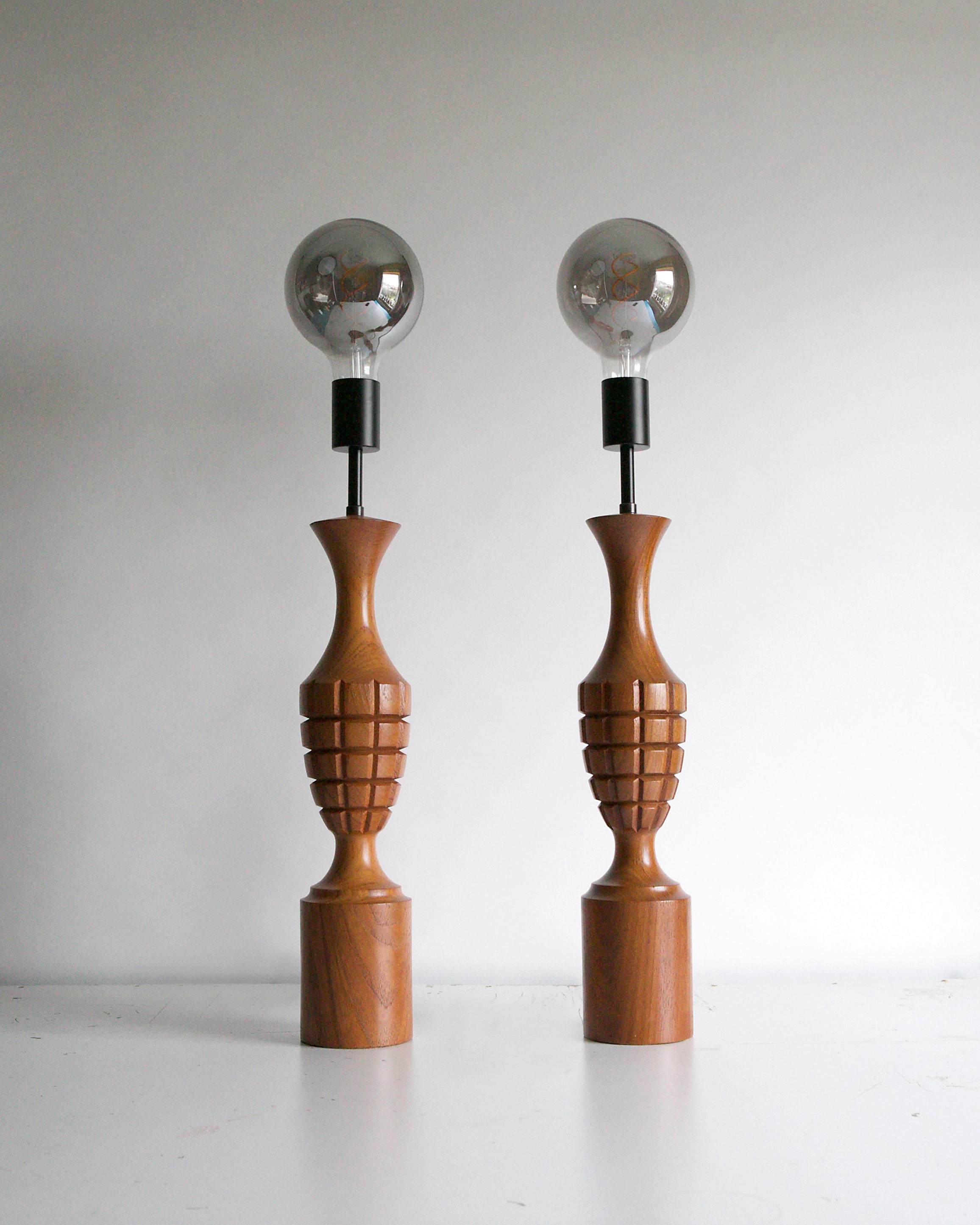Pair of ORIGINAL Mid Century 1960s Turned Wood Table Lamps - Restored | Reimagined Lighting UK