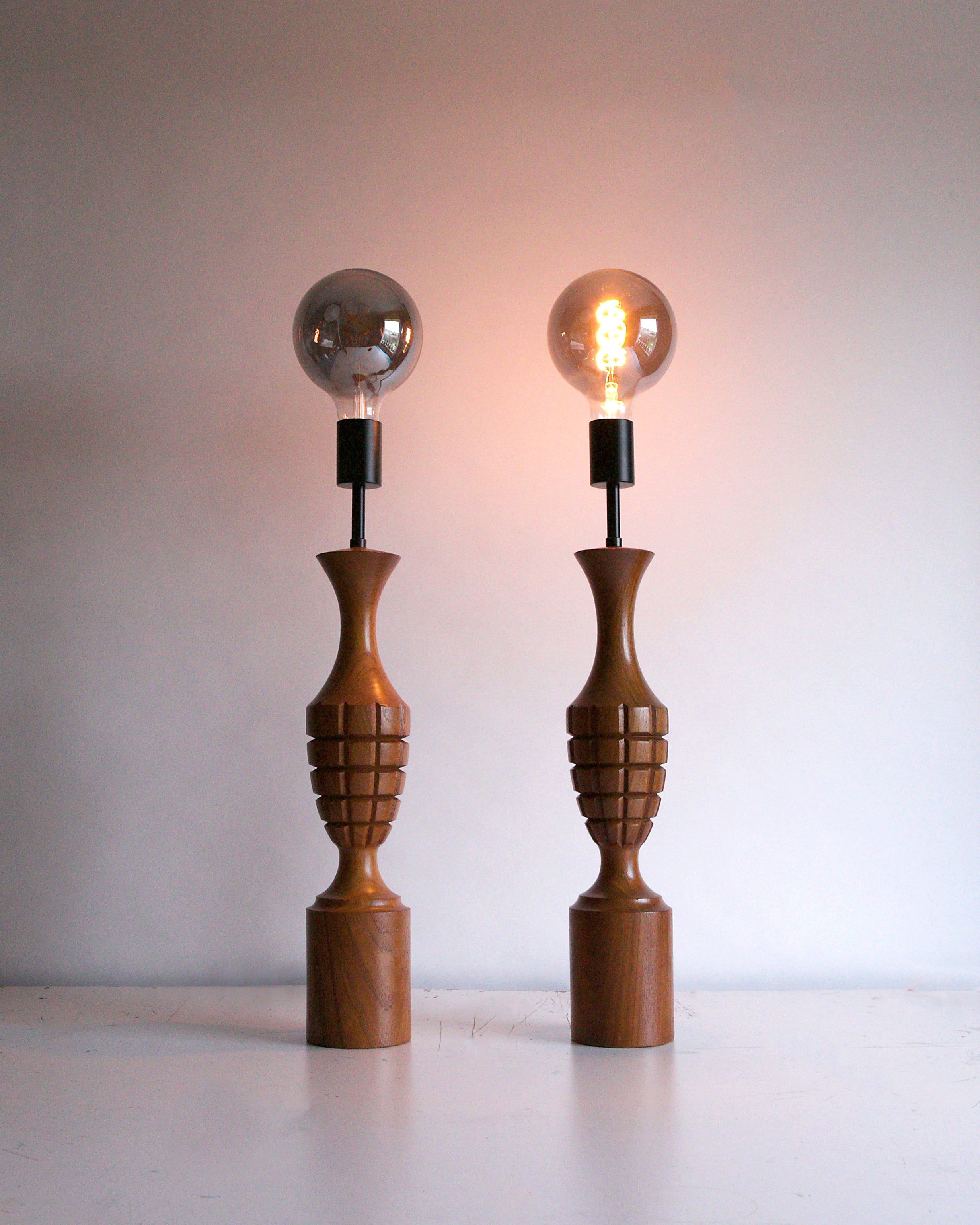 Pair of ORIGINAL Mid Century 1960s Turned Wood Table Lamps - Restored | Reimagined Lighting UK
