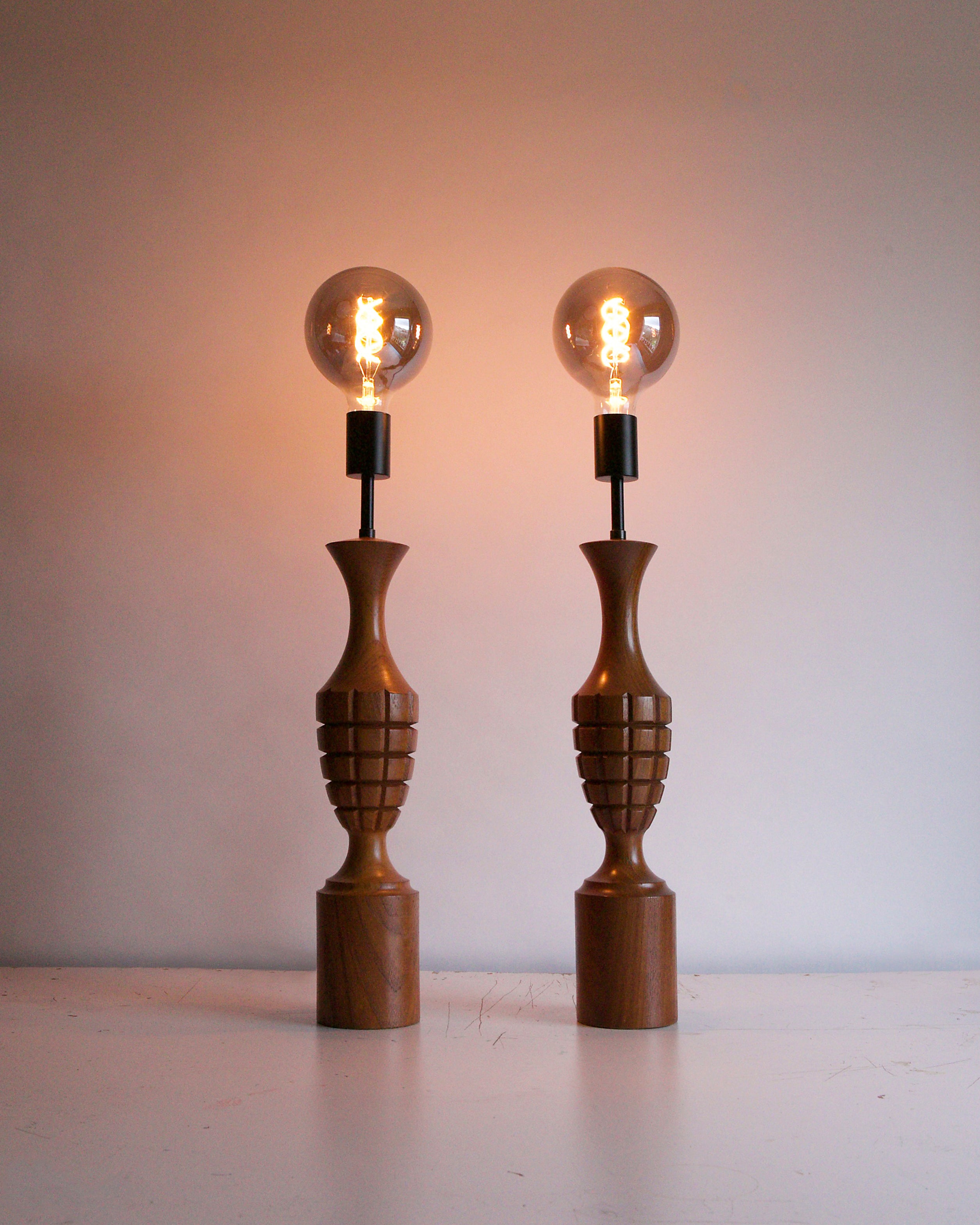 Pair of ORIGINAL Mid Century 1960s Turned Wood Table Lamps - Restored | Reimagined Lighting UK