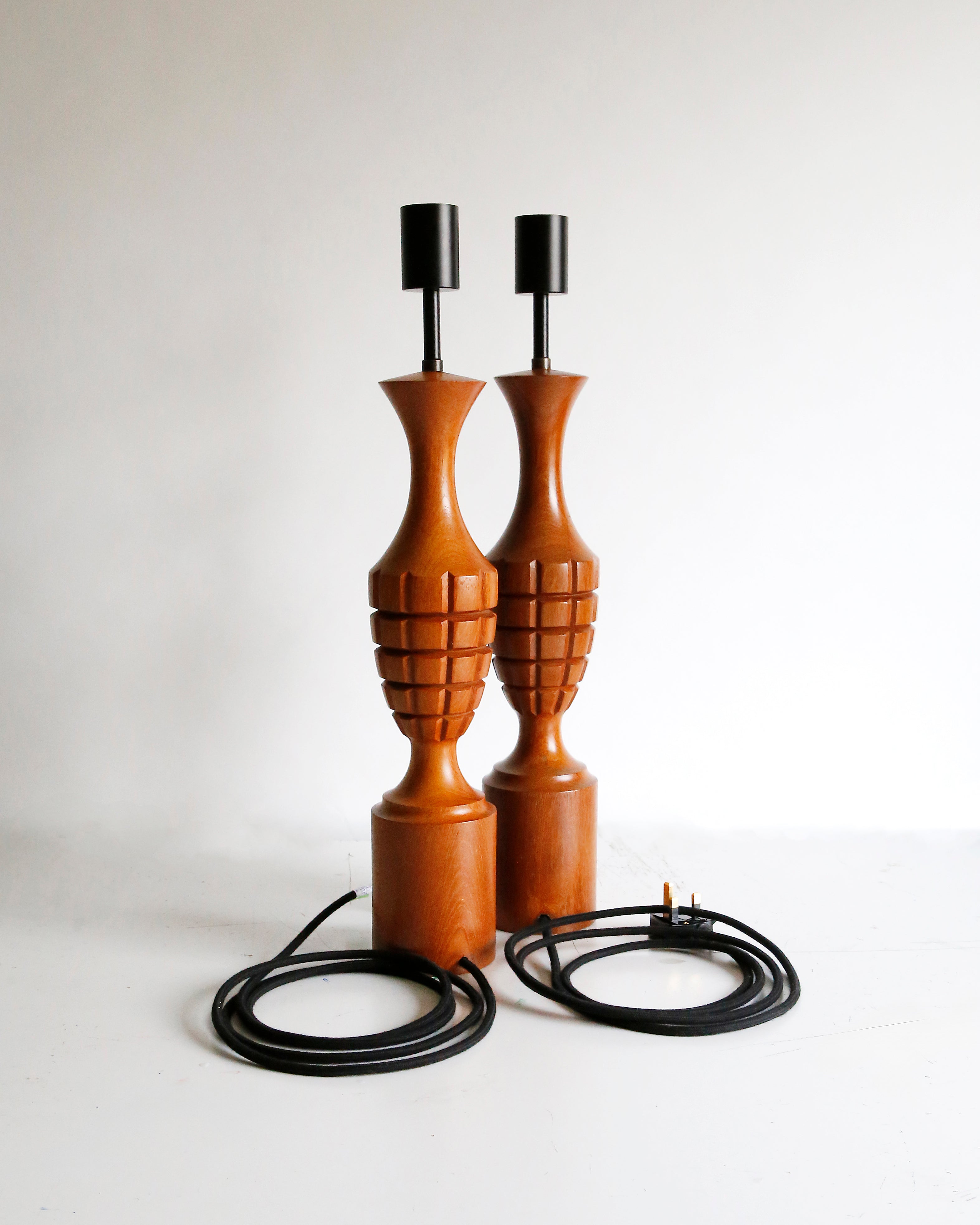Pair of ORIGINAL Mid Century 1960s Turned Wood Table Lamps - Restored | Reimagined Lighting UK