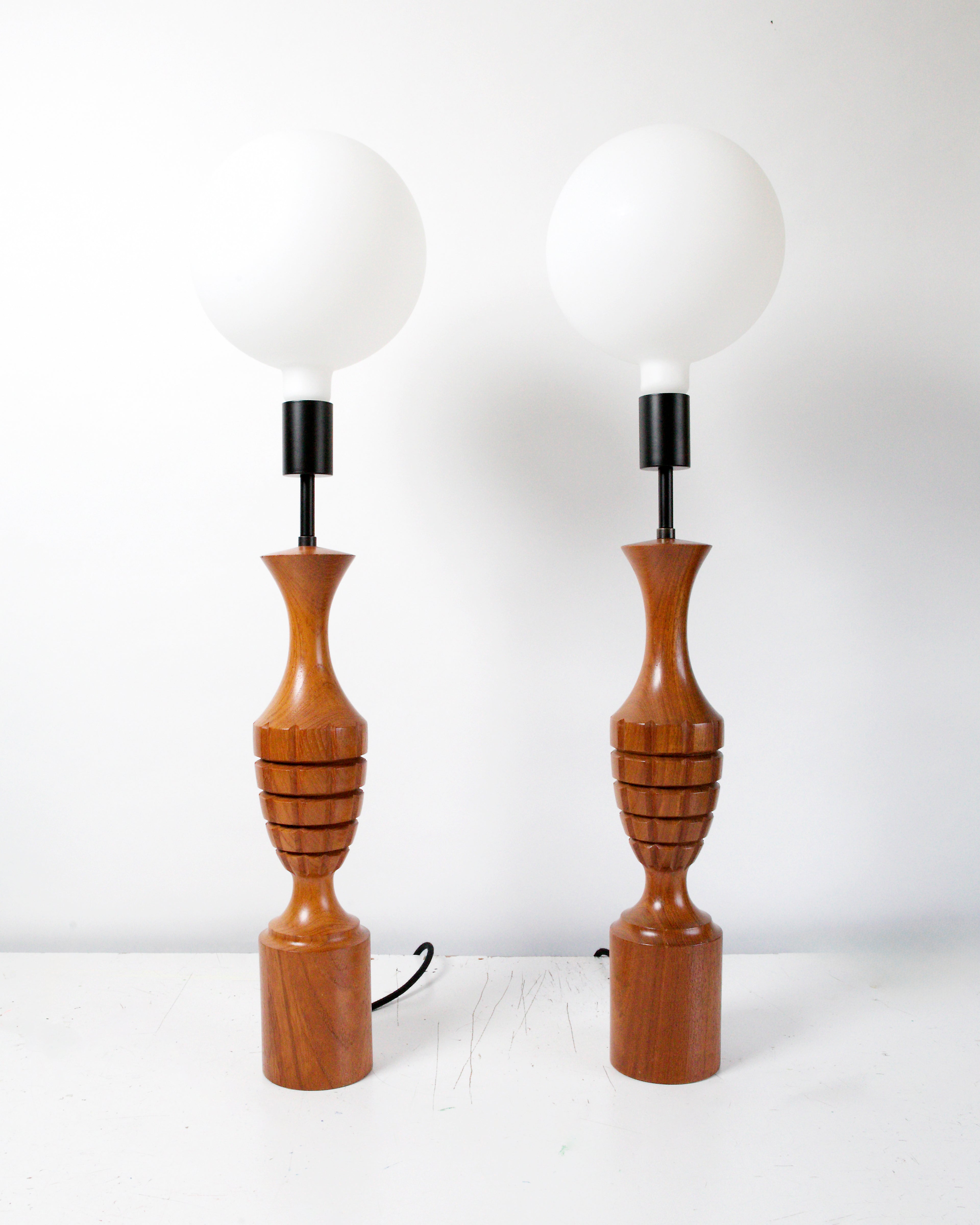 Pair of ORIGINAL Mid Century 1960s Turned Wood Table Lamps - Restored | Reimagined Lighting UK
